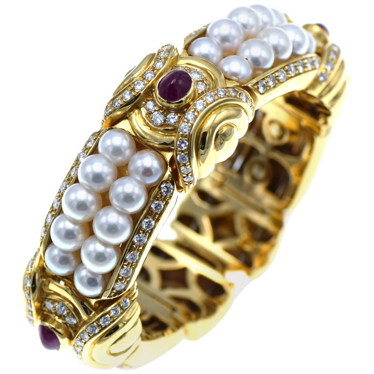 Italian Gold, Ruby, Diamond and Pearl Cuff Bracelet at 1stDibs