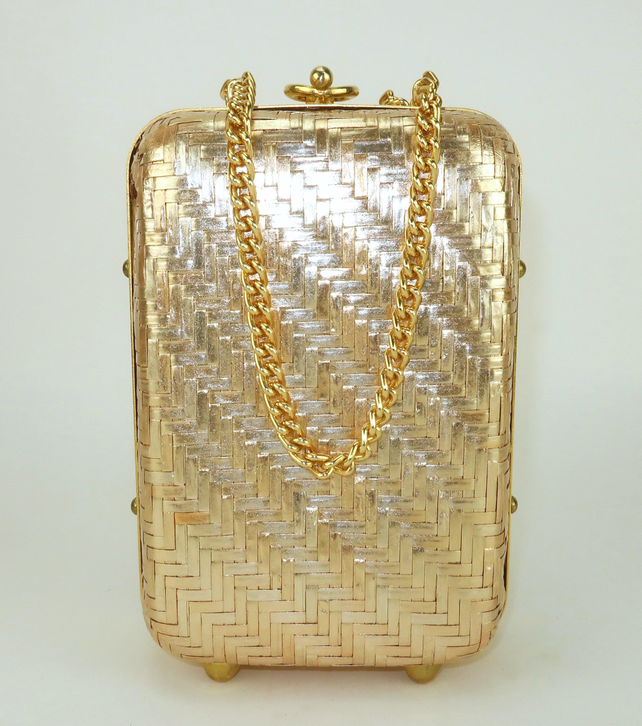 Brown Italian Gold Straw Box Handbag, 1960's For Sale