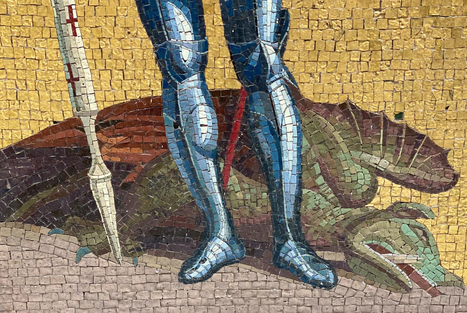 European Italian Gold Tesserae Glass Mosaic Panel Saint Michael Slaying the Dragon  For Sale