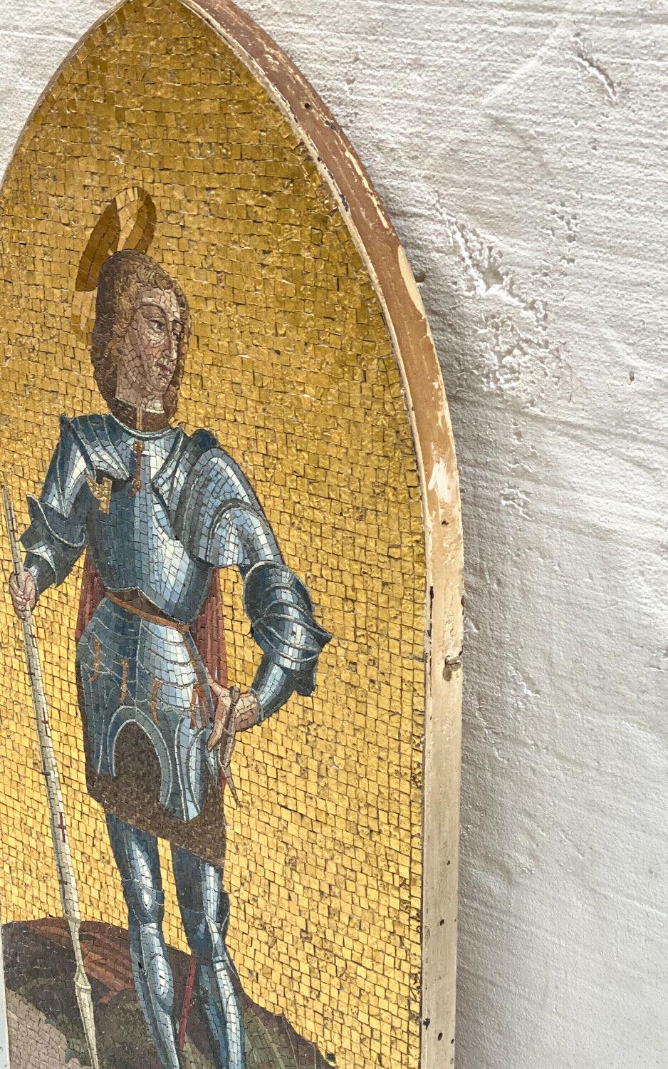19th Century Italian Gold Tesserae Glass Mosaic Panel Saint Michael Slaying the Dragon  For Sale