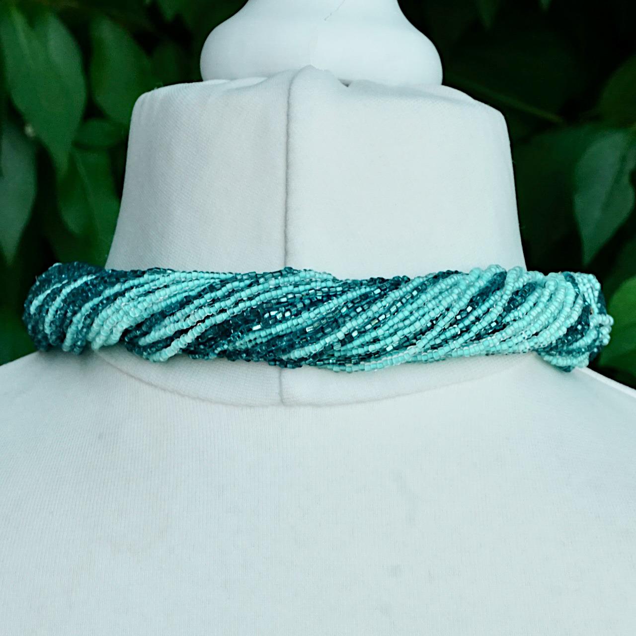 Italian Gold Tone and Multi Strand Blue Glass Bead Necklace with Beaded