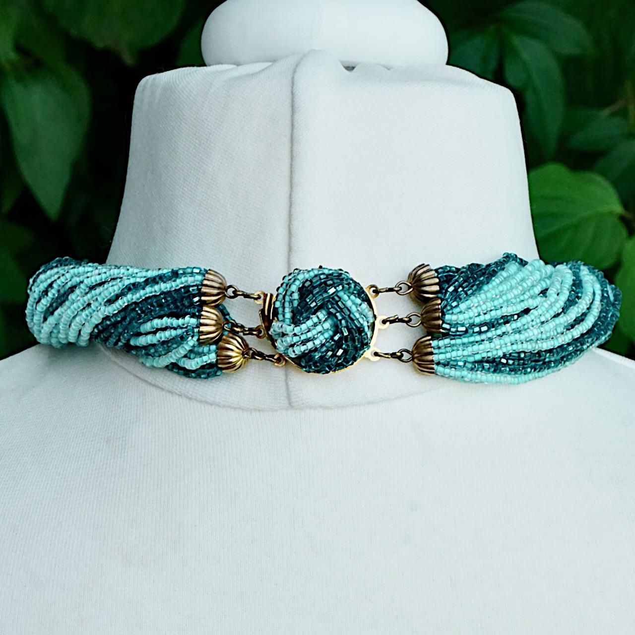 Italian Gold Tone and Multi Strand Blue Glass Bead Necklace with Beaded