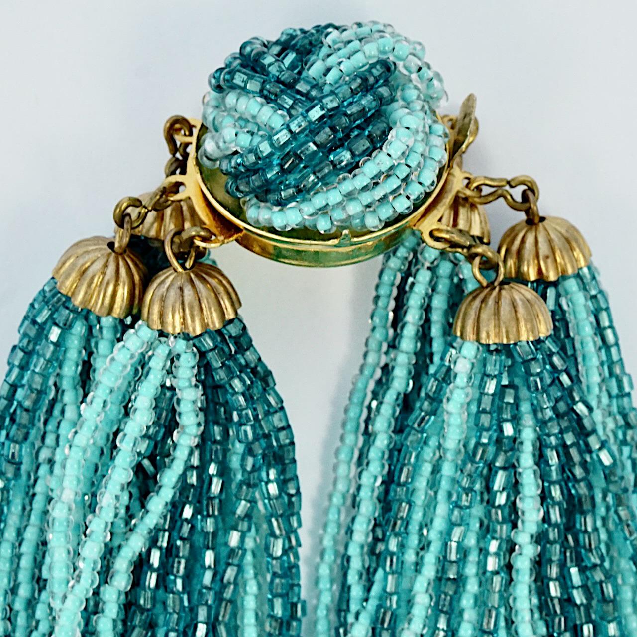 Italian Gold Tone and Multi Strand Blue Glass Bead Necklace with Beaded