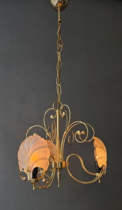 Italian Gold-Tone Chandelier with Frosted Shell Glass Shades, 1970s
