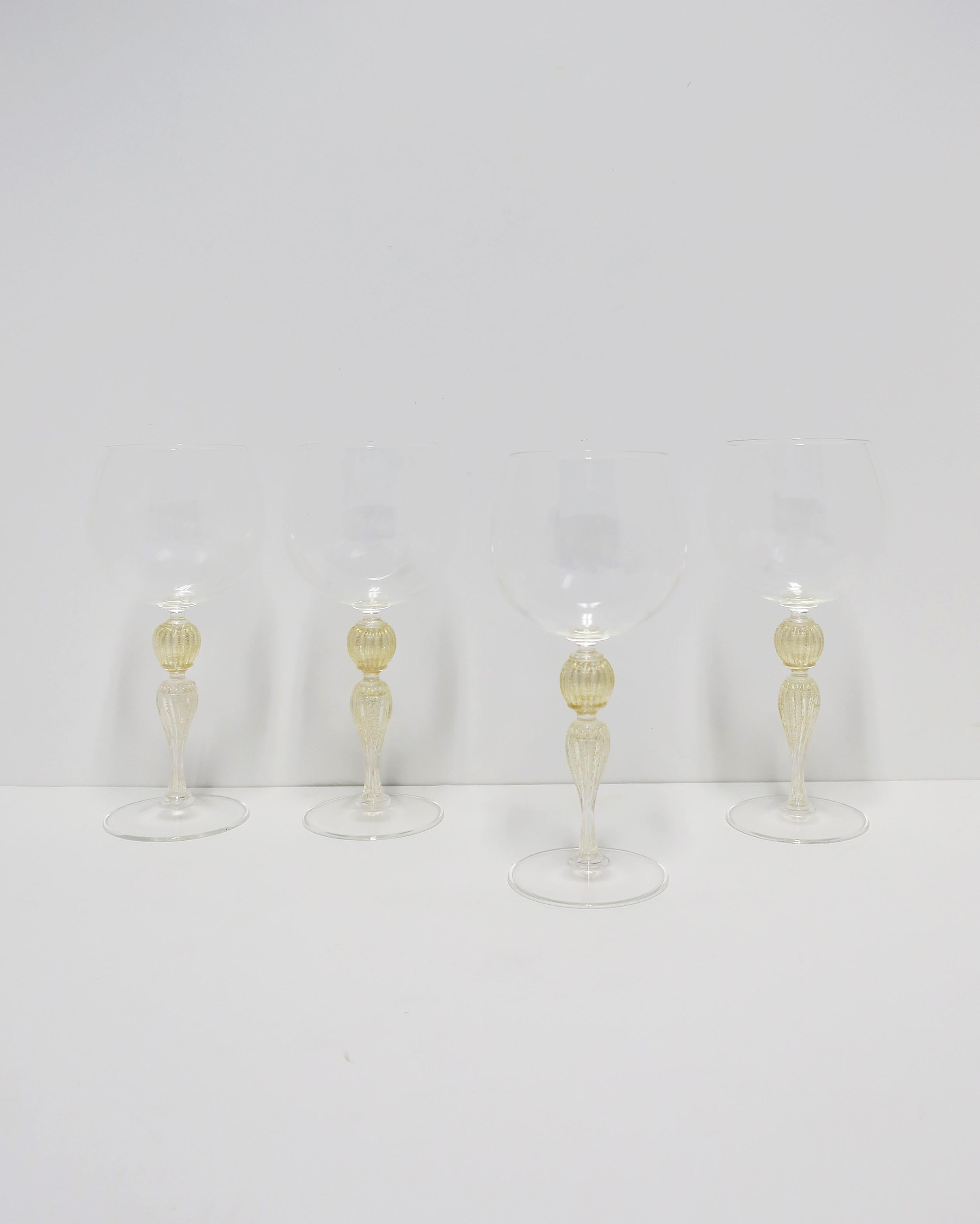 Hand-Crafted Italian Gold Venetian Murano Wine Goblet Glasses, Set of 4