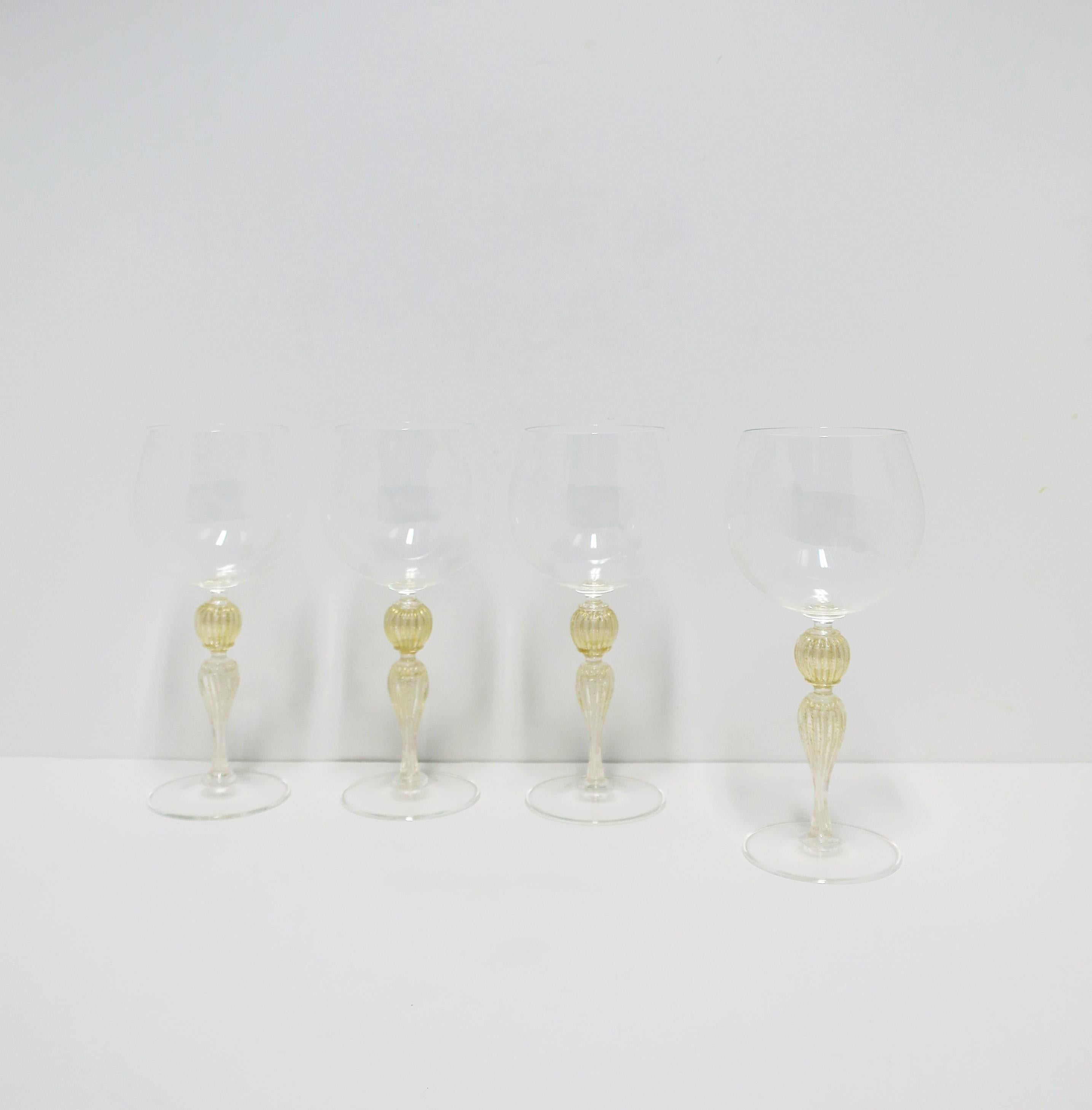20th Century Italian Gold Venetian Murano Wine Goblet Glasses, Set of 4
