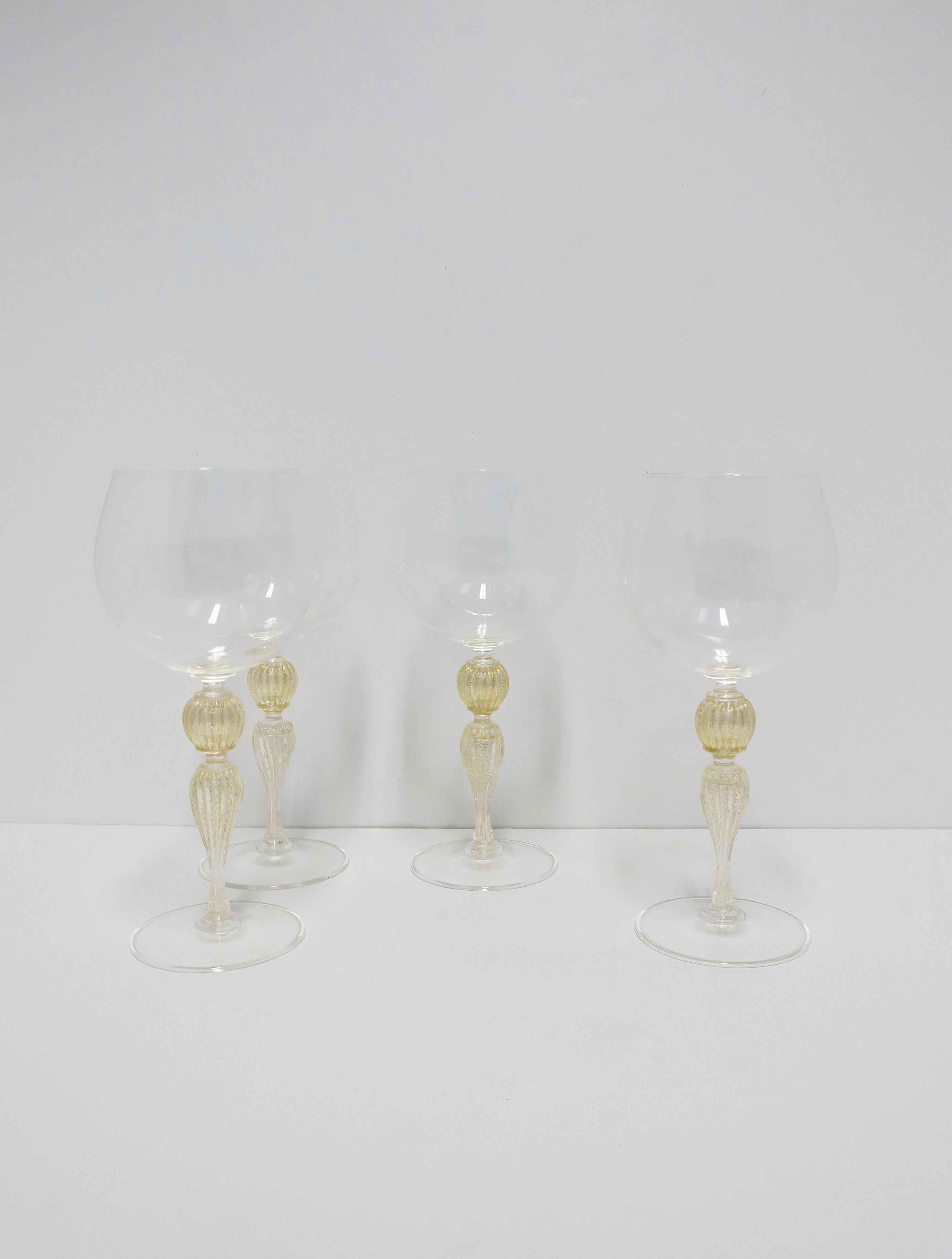Art Glass Italian Gold Venetian Murano Wine Goblet Glasses, Set of 4