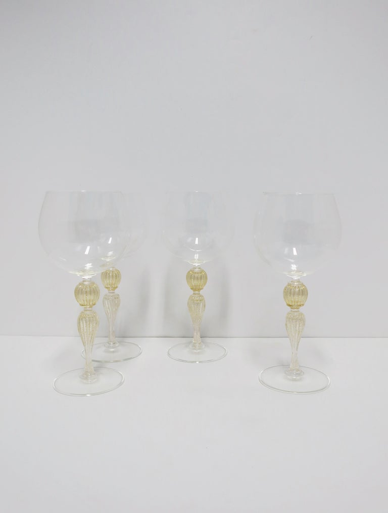 Art Glass Italian Gold Venetian Murano Wine Goblet Glasses, Set of 4 For Sale