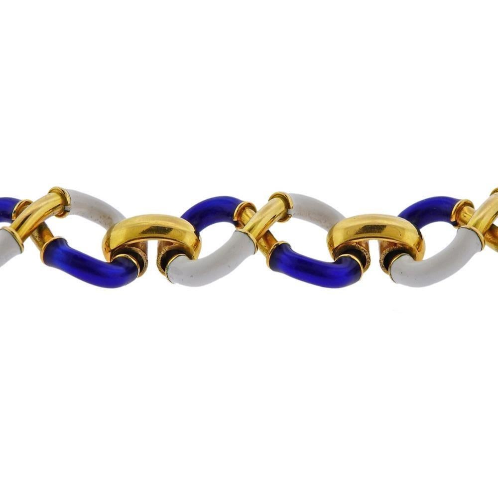 Italian Gold White Blue Enamel Bracelet In Excellent Condition For Sale In New York, NY