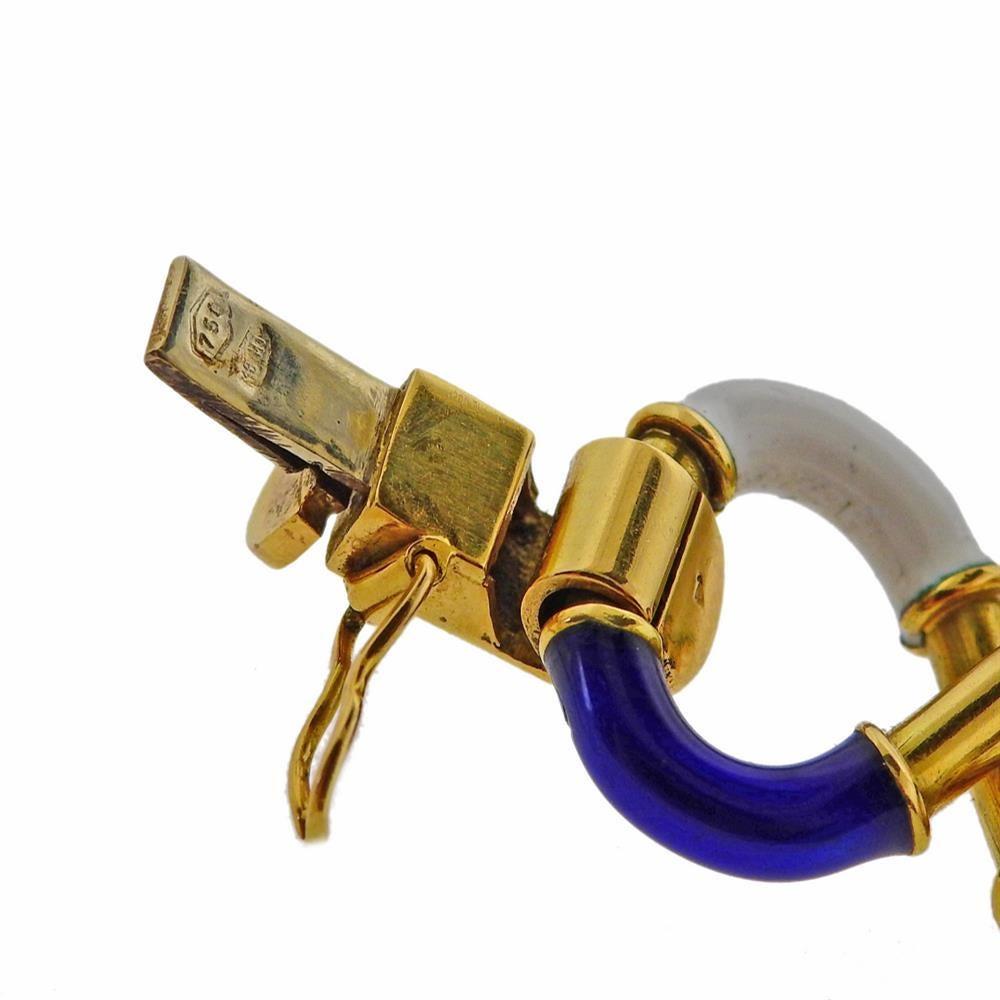 Women's Italian Gold White Blue Enamel Bracelet For Sale