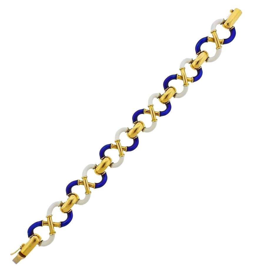 Italian Gold White Blue Enamel Bracelet For Sale