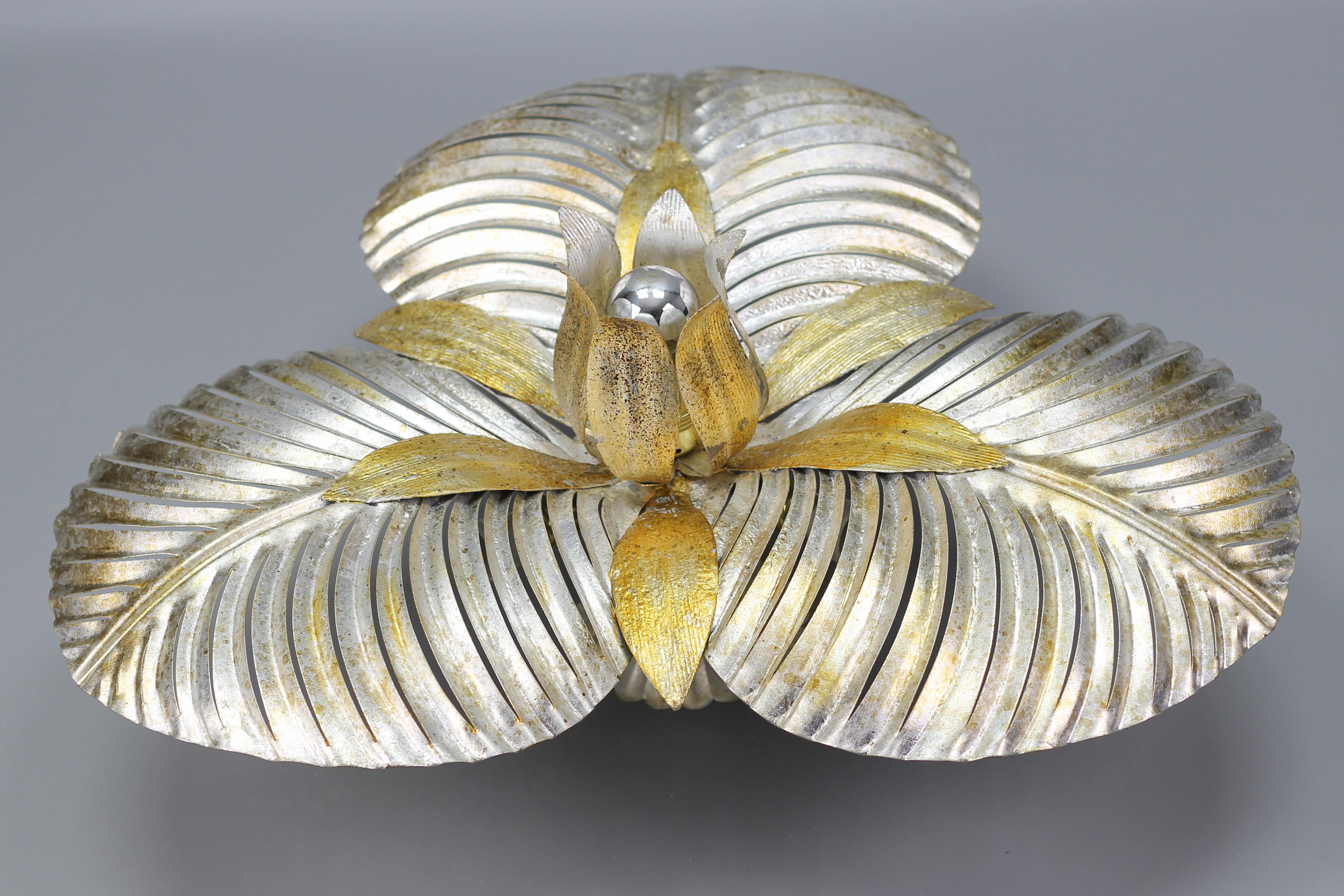 Italian Golden and Silver Color Palm Leaf Four-Light Ceiling Lamp, 1960s 4