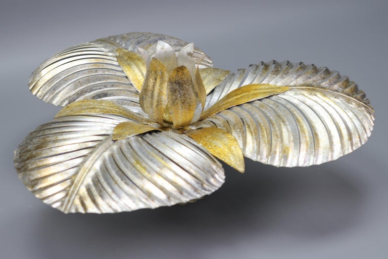 Italian Golden and Silver Color Palm Leaf Four-Light Ceiling Lamp, 1960s For Sale 5