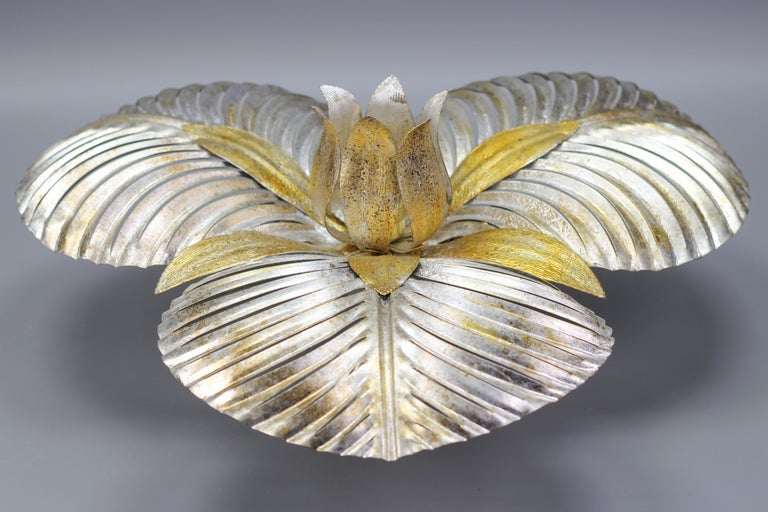 Italian Golden and Silver Color Palm Leaf Four-Light Ceiling Lamp, 1960s For Sale 6