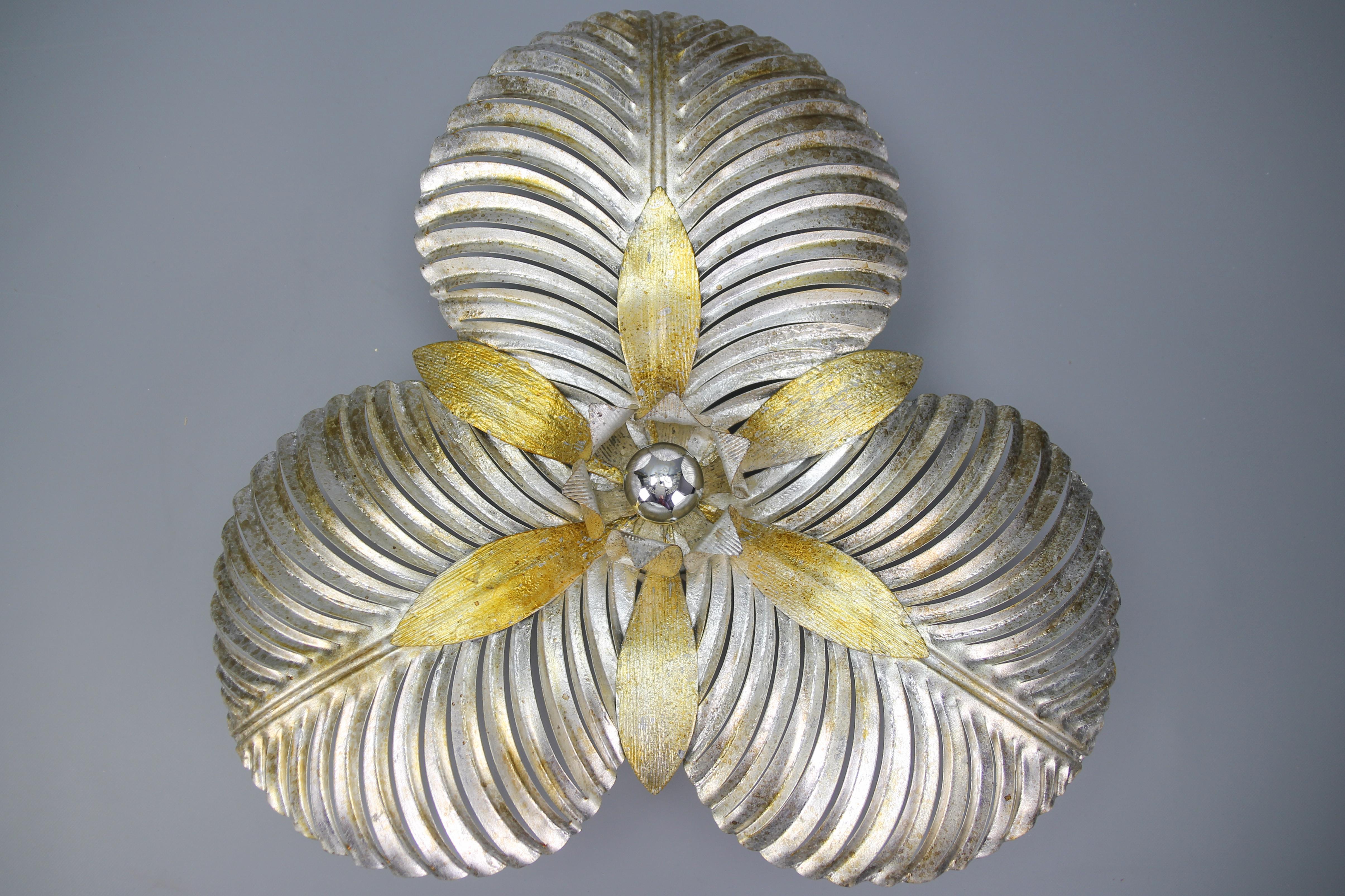 Italian Golden and Silver Color Palm Leaf Four-Light Ceiling Lamp, 1960s 7