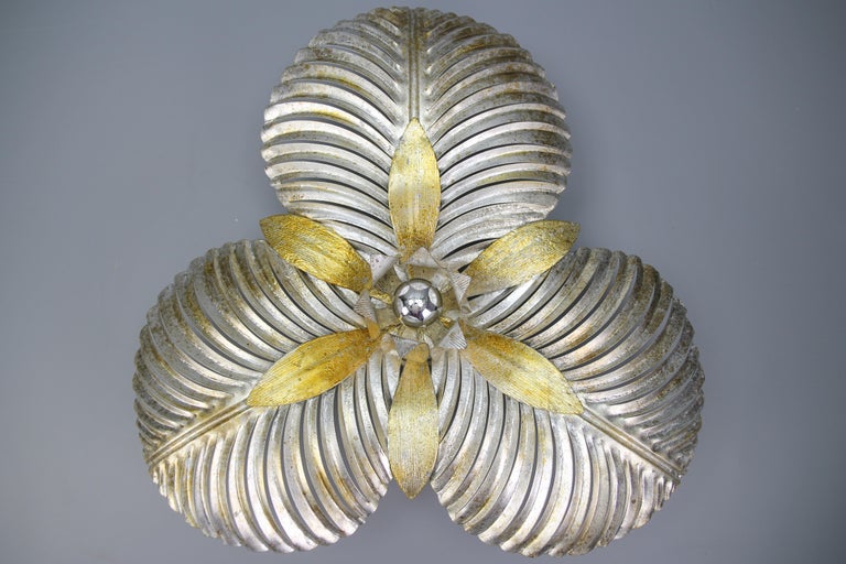 Italian Golden and Silver Color Palm Leaf Four-Light Ceiling Lamp, 1960s For Sale 7
