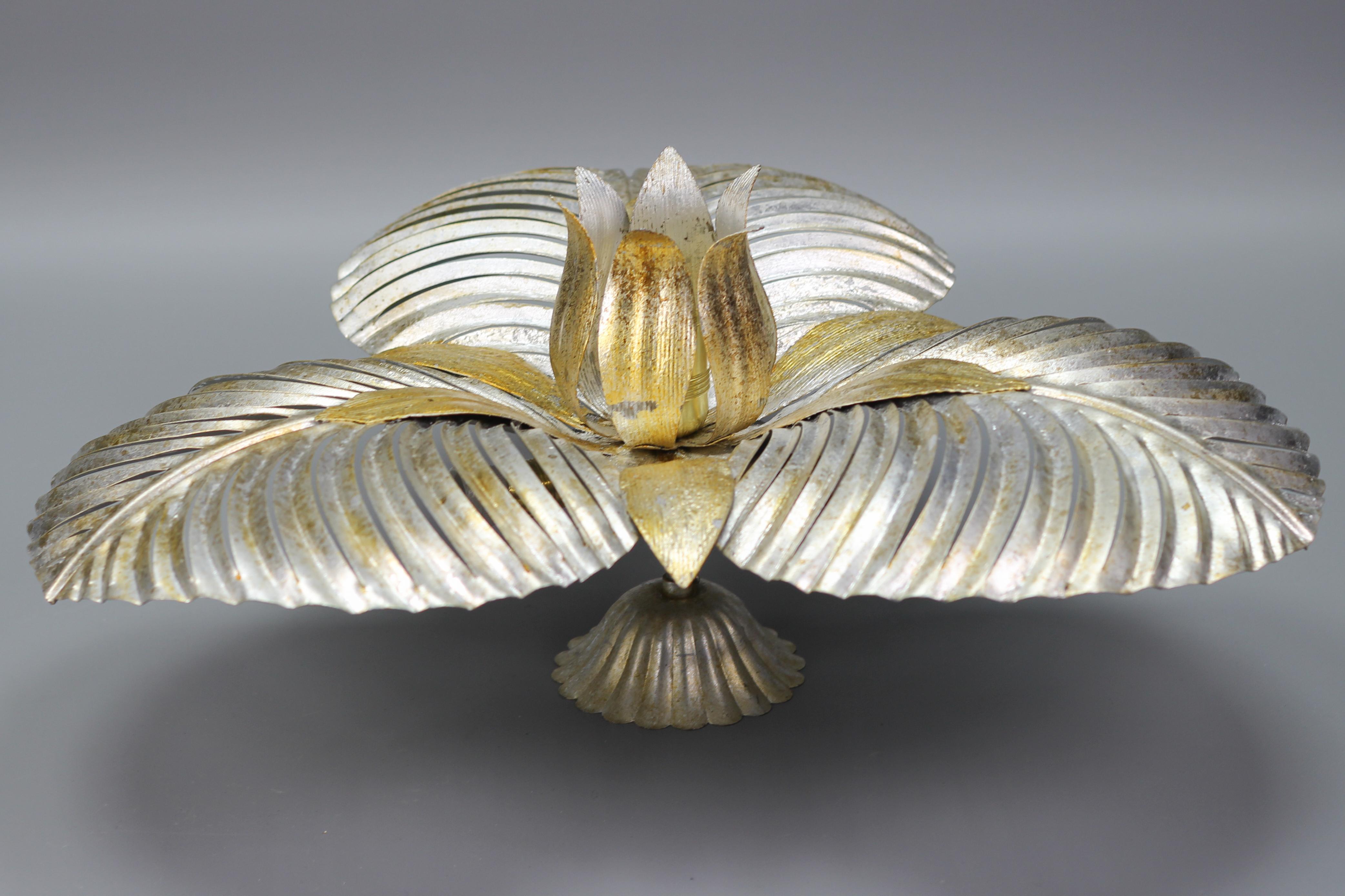 Italian Golden and Silver Color Palm Leaf Four-Light Ceiling Lamp, 1960s 8