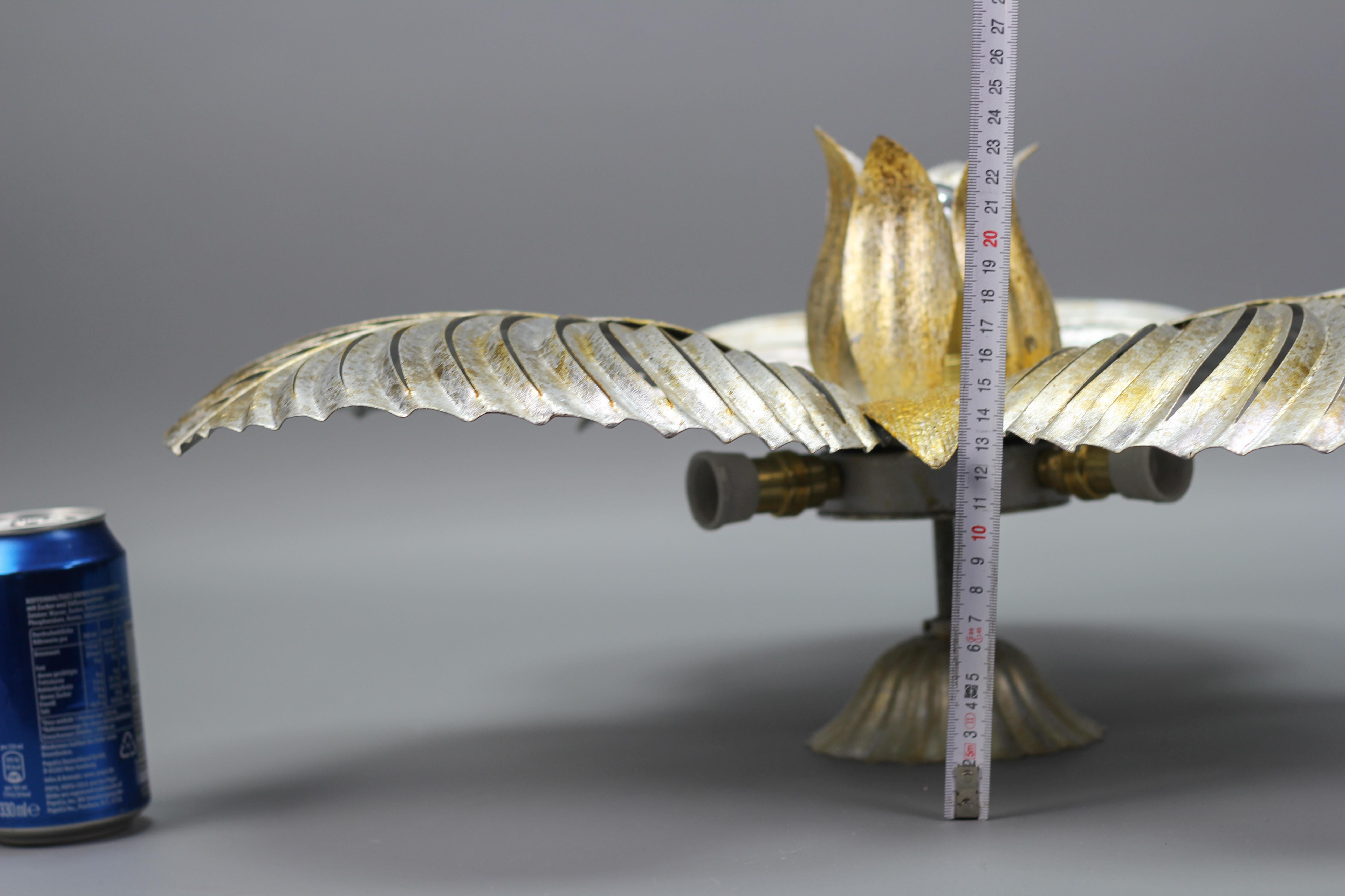 Italian Golden and Silver Color Palm Leaf Four-Light Ceiling Lamp, 1960s 9