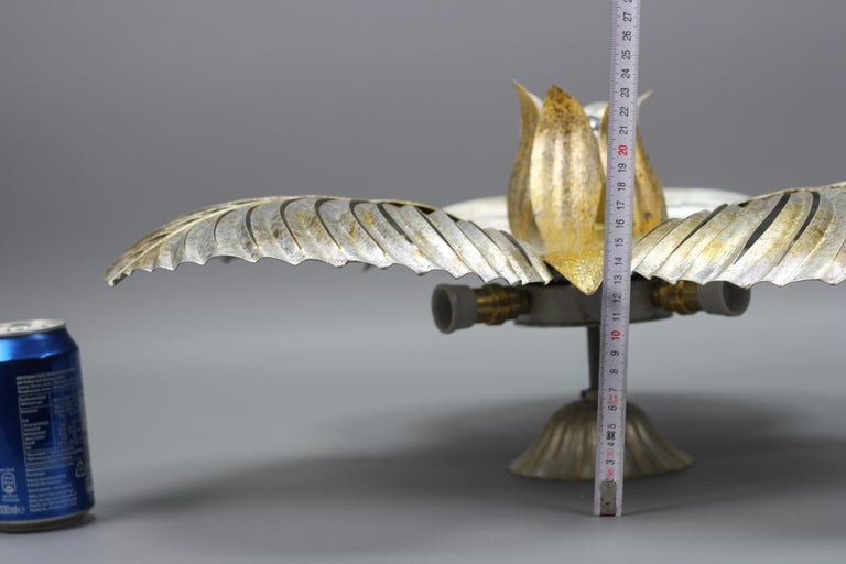 Italian Golden and Silver Color Palm Leaf Four-Light Ceiling Lamp, 1960s For Sale 9