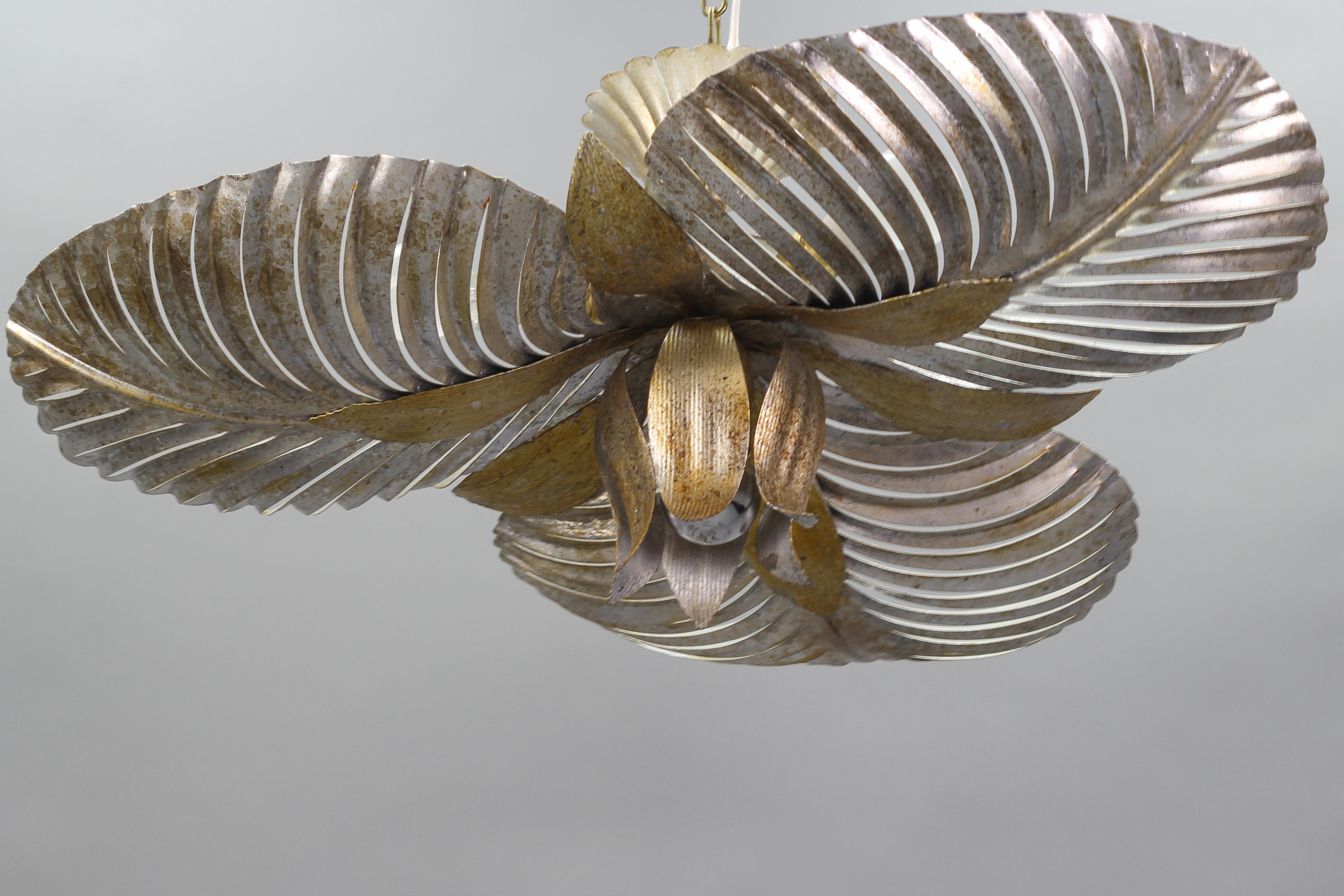 Italian Golden and Silver Color Palm Leaf Four-Light Ceiling Lamp, 1960s 13