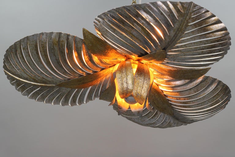 Hollywood Regency Italian Golden and Silver Color Palm Leaf Four-Light Ceiling Lamp, 1960s For Sale