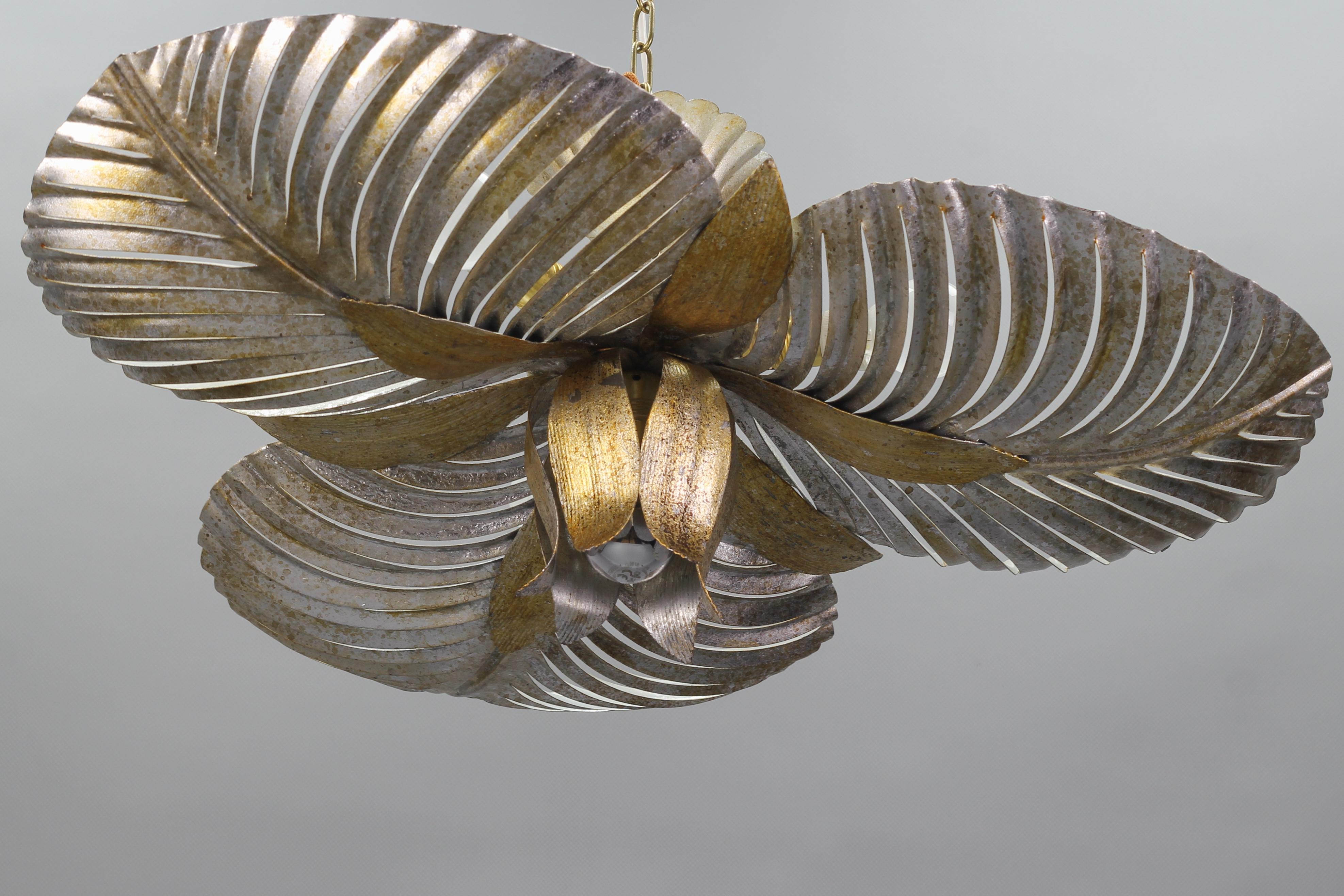 Patinated Italian Golden and Silver Color Palm Leaf Four-Light Ceiling Lamp, 1960s