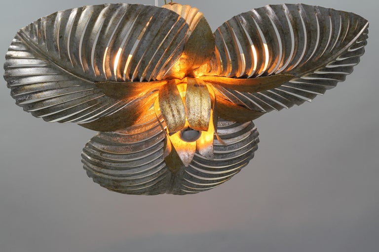 Mid-20th Century Italian Golden and Silver Color Palm Leaf Four-Light Ceiling Lamp, 1960s For Sale