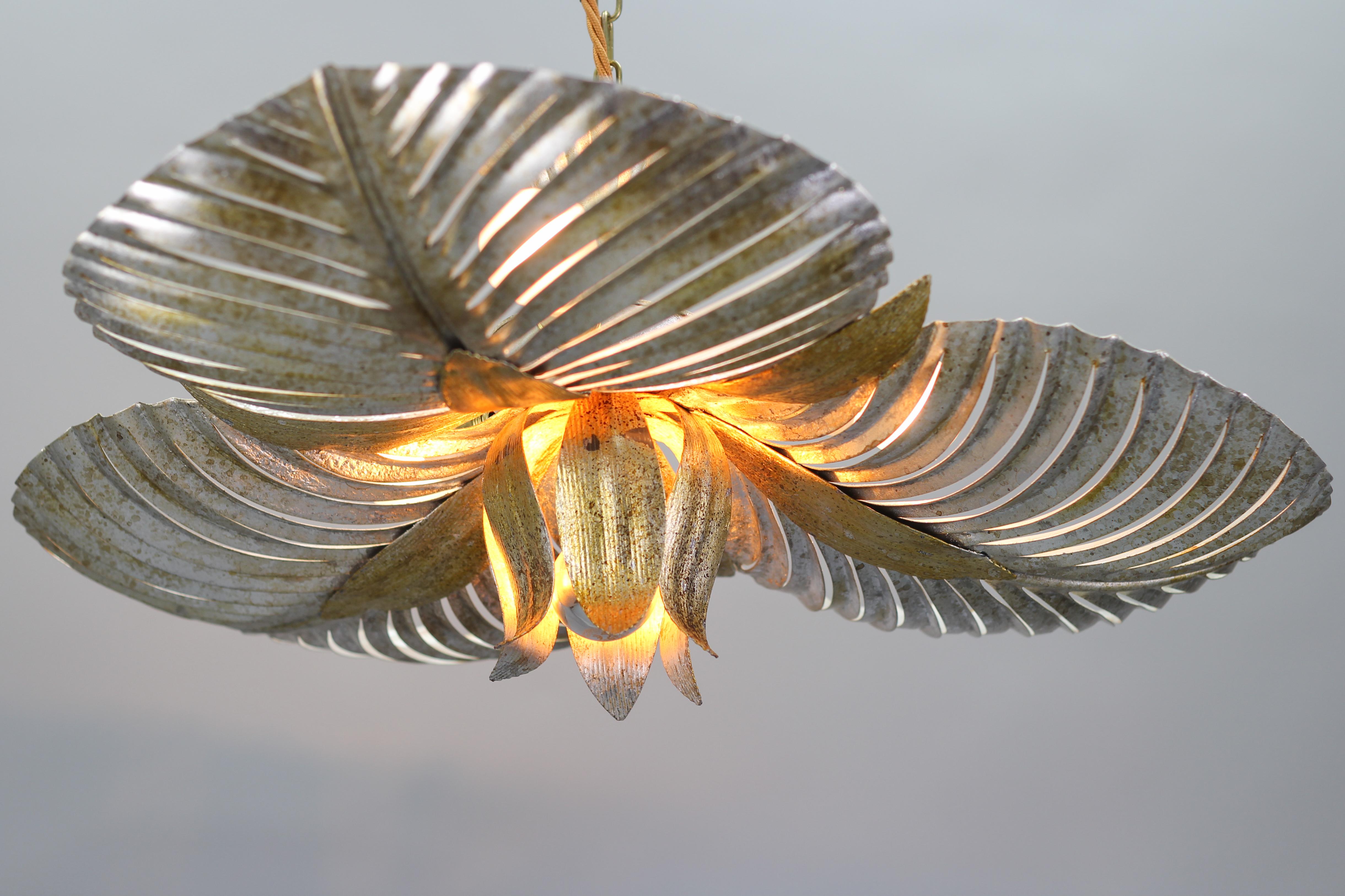 Metal Italian Golden and Silver Color Palm Leaf Four-Light Ceiling Lamp, 1960s