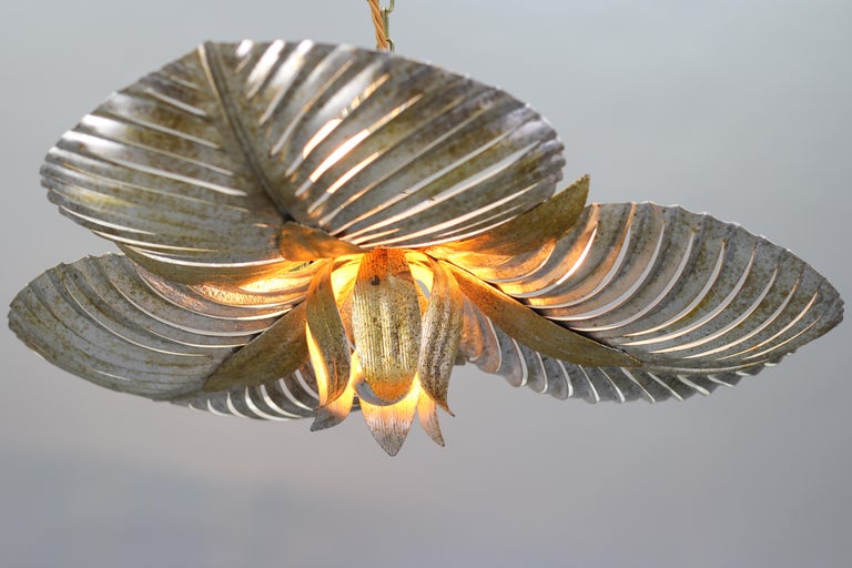Metal Italian Golden and Silver Color Palm Leaf Four-Light Ceiling Lamp, 1960s For Sale