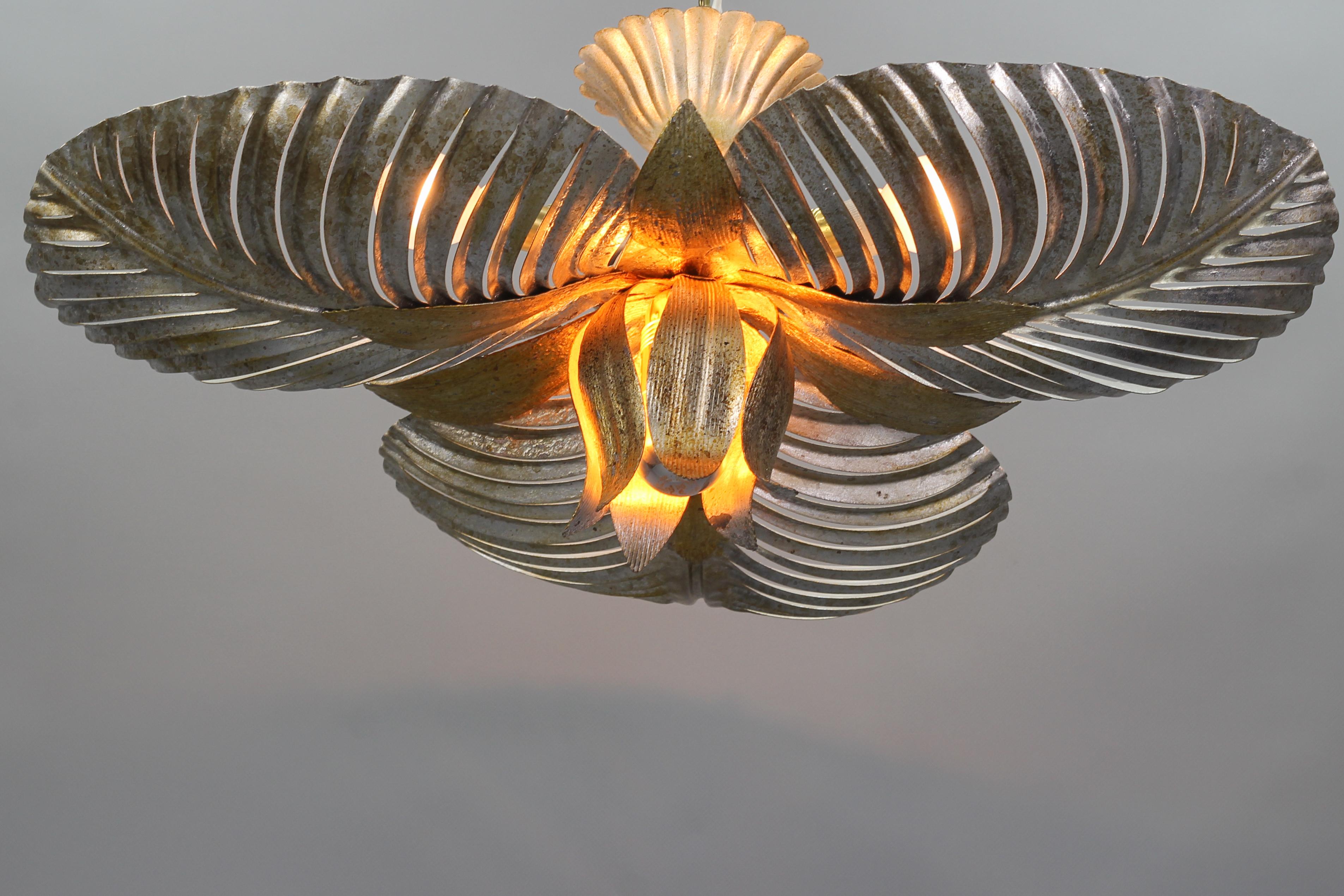 Italian Golden and Silver Color Palm Leaf Four-Light Ceiling Lamp, 1960s 2