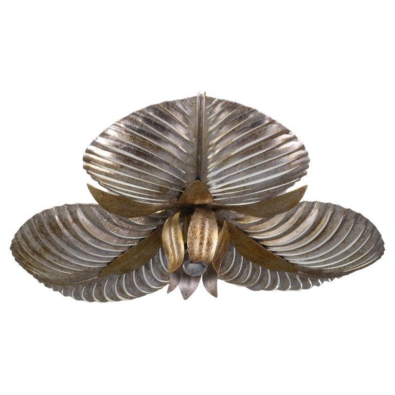 Italian Golden and Silver Color Palm Leaf Four-Light Ceiling Lamp, 1960s For Sale