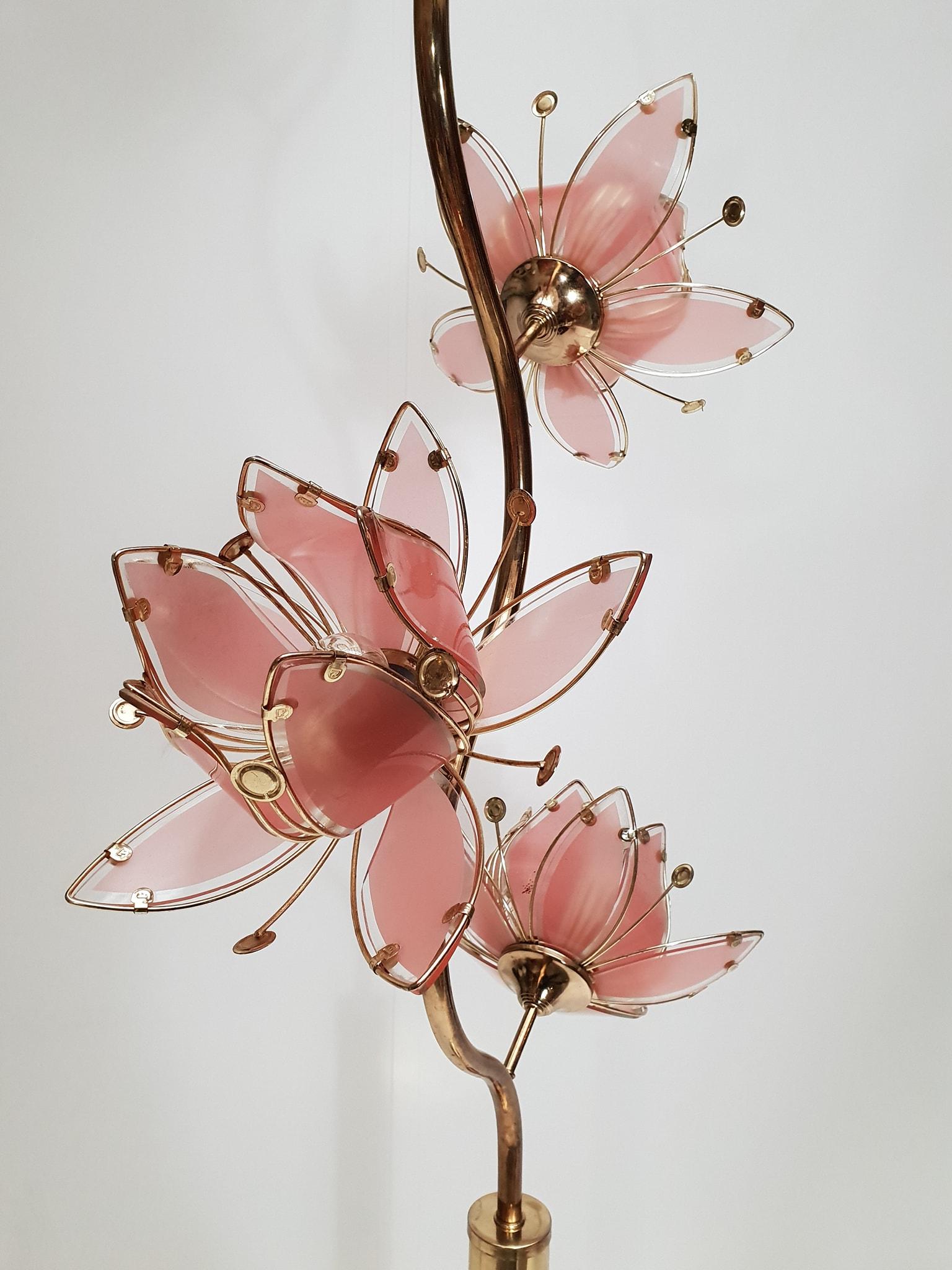 Mid Century Modern Vintage Hollywood Regency Pink Glass Lotus Flower Floor Lamp 1