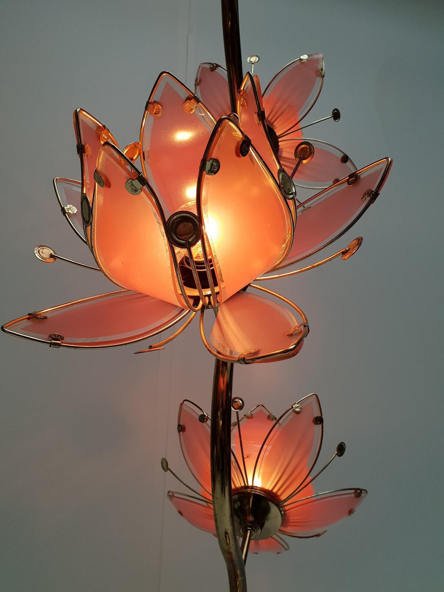 Mid Century Modern Vintage Hollywood Regency Pink Glass Lotus Flower Floor Lamp 2