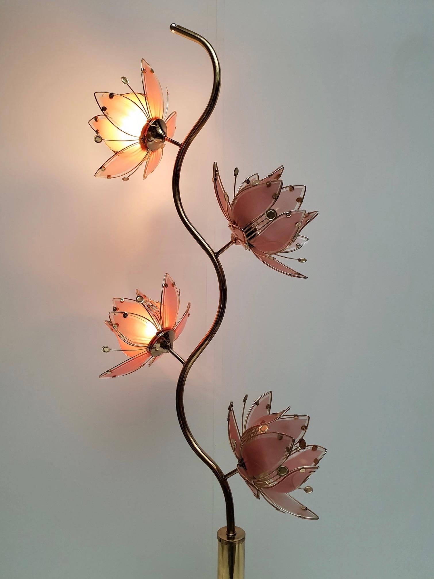 Mid Century Modern Vintage Hollywood Regency Pink Glass Lotus Flower Floor Lamp 4