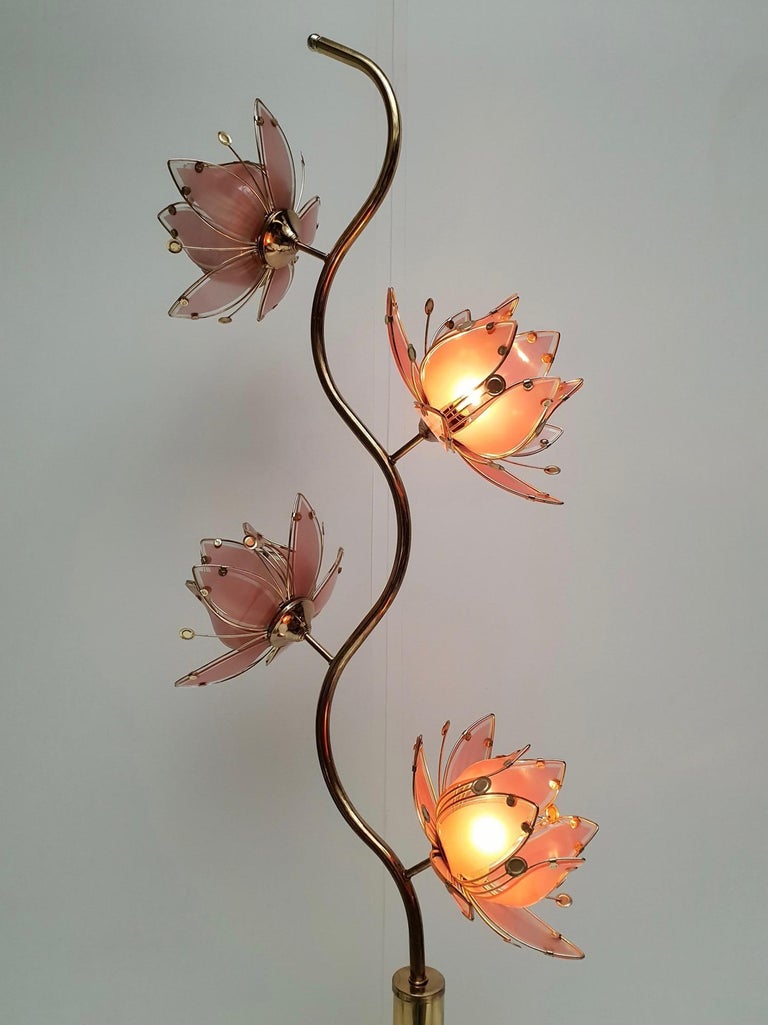  Italian Golden Brass and Murano Glass Lotus Floral Floor Lamp, 1970 For Sale 9