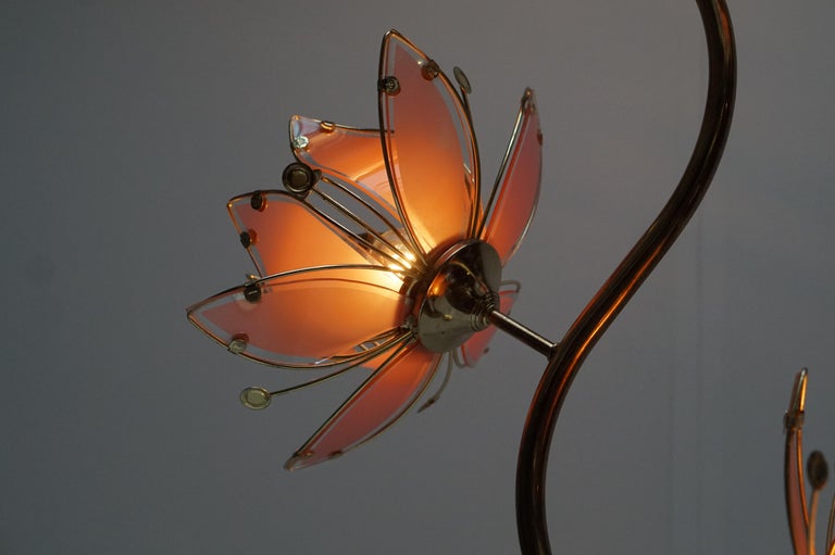  Italian Golden Brass and Murano Glass Lotus Floral Floor Lamp, 1970 For Sale 11