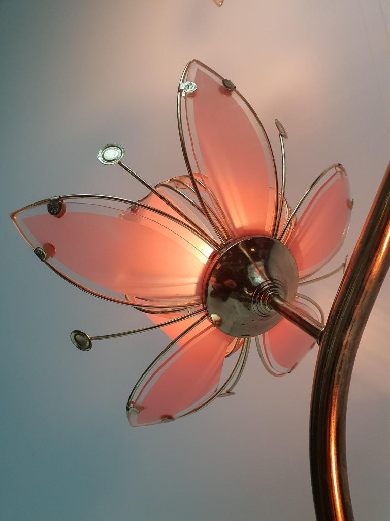  Italian Golden Brass and Murano Glass Lotus Floral Floor Lamp, 1970 For Sale 12