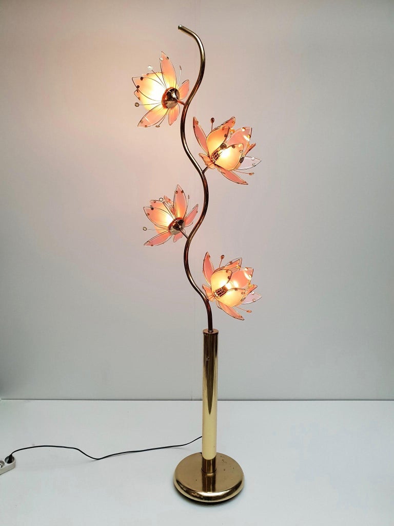 Italian Golden Brass and Murano Glass Lotus Floral Floor ...