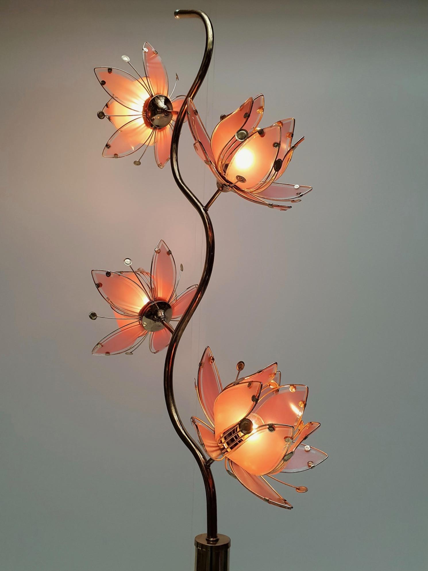 Italian Mid Century Modern Vintage Hollywood Regency Pink Glass Lotus Flower Floor Lamp