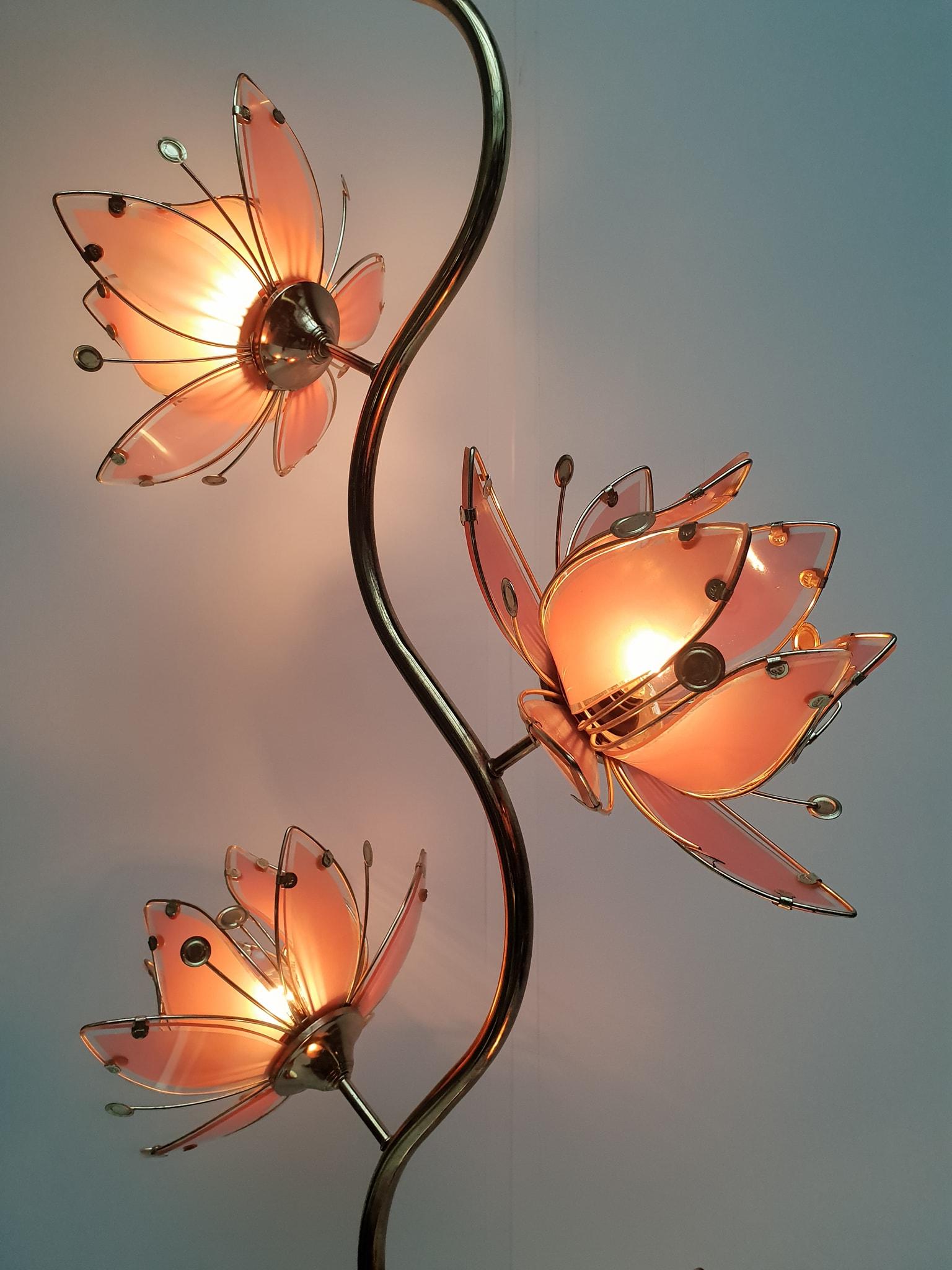 20th Century Mid Century Modern Vintage Hollywood Regency Pink Glass Lotus Flower Floor Lamp