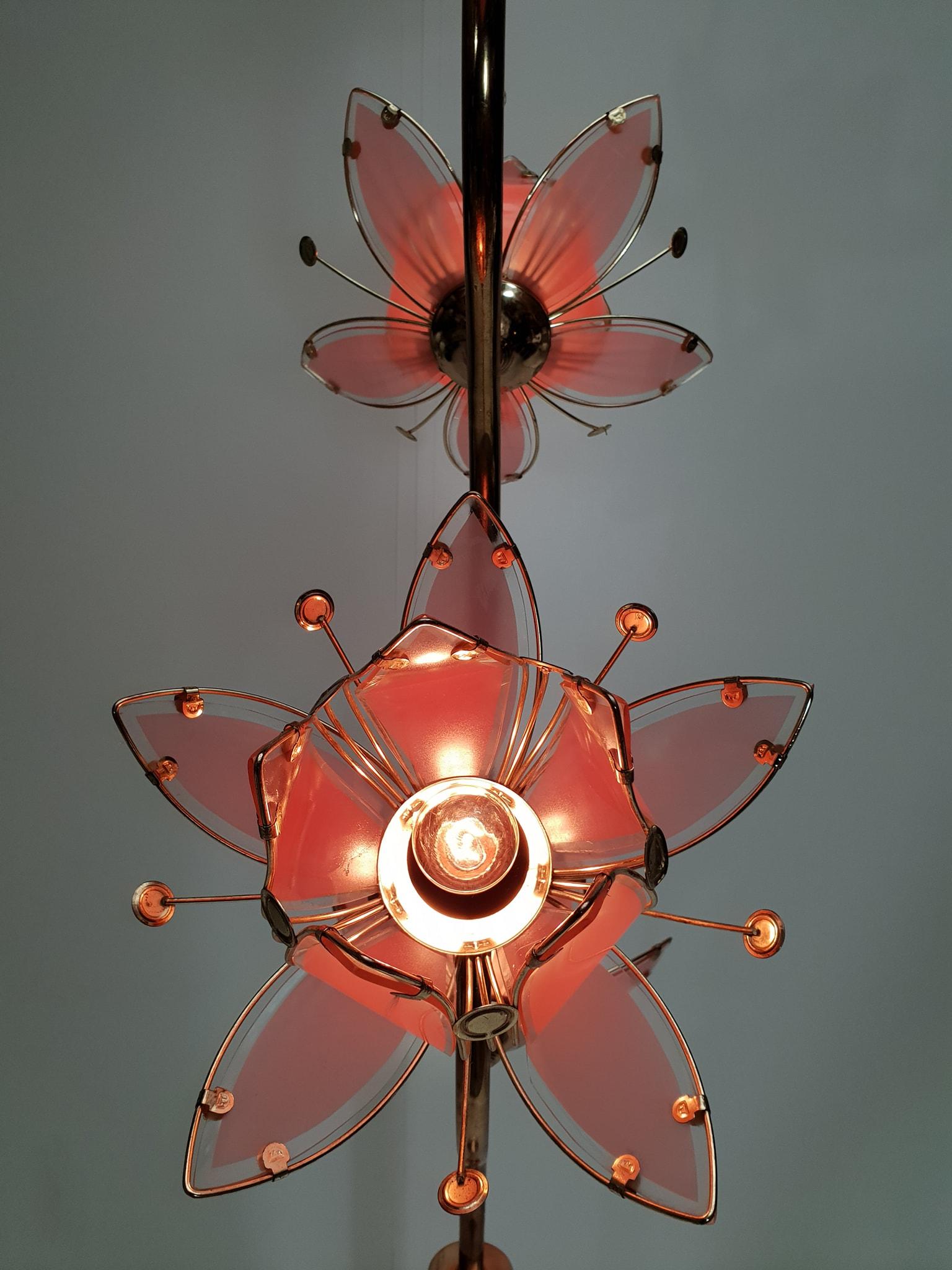 Brass Mid Century Modern Vintage Hollywood Regency Pink Glass Lotus Flower Floor Lamp