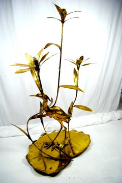 Italian Golden Brass Crane/ Heron and Floral Floor Lamp for Cittone Oggi, 1960