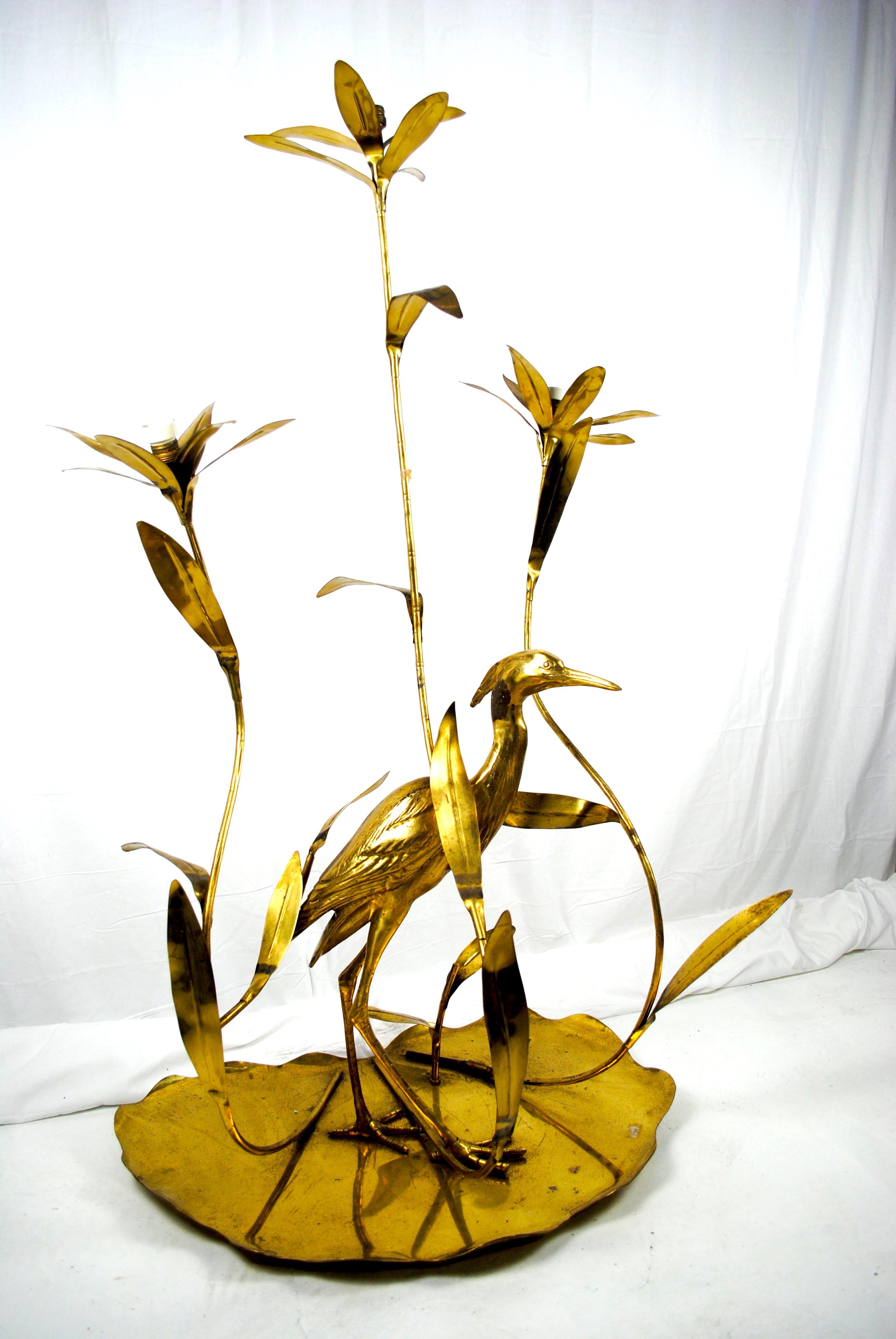Modern Italian Golden Brass Crane/ Heron and Floral Floor Lamp for Cittone Oggi, 1960 For Sale