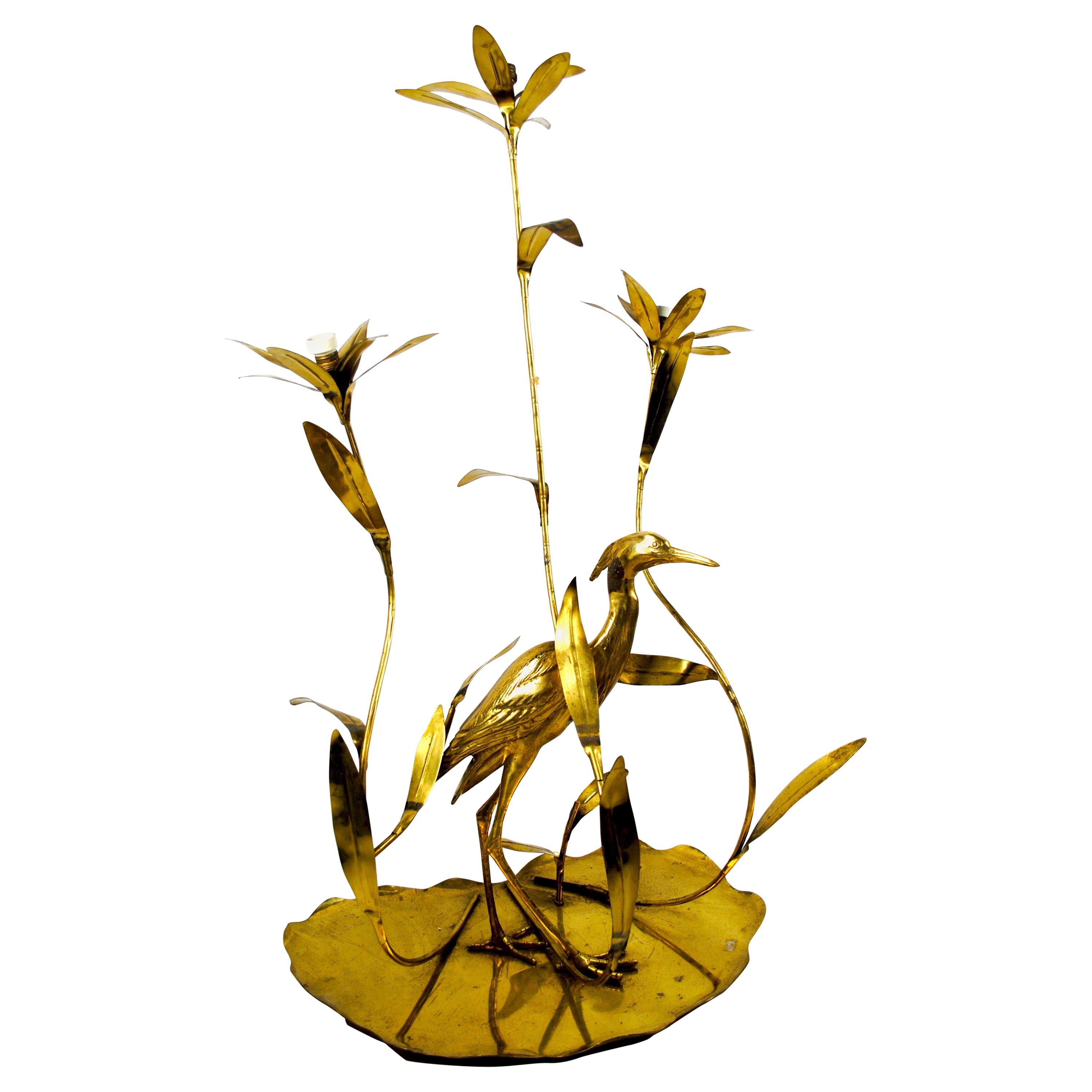 Italian Golden Brass Crane/ Heron and Floral Floor Lamp for Cittone Oggi, 1960 For Sale