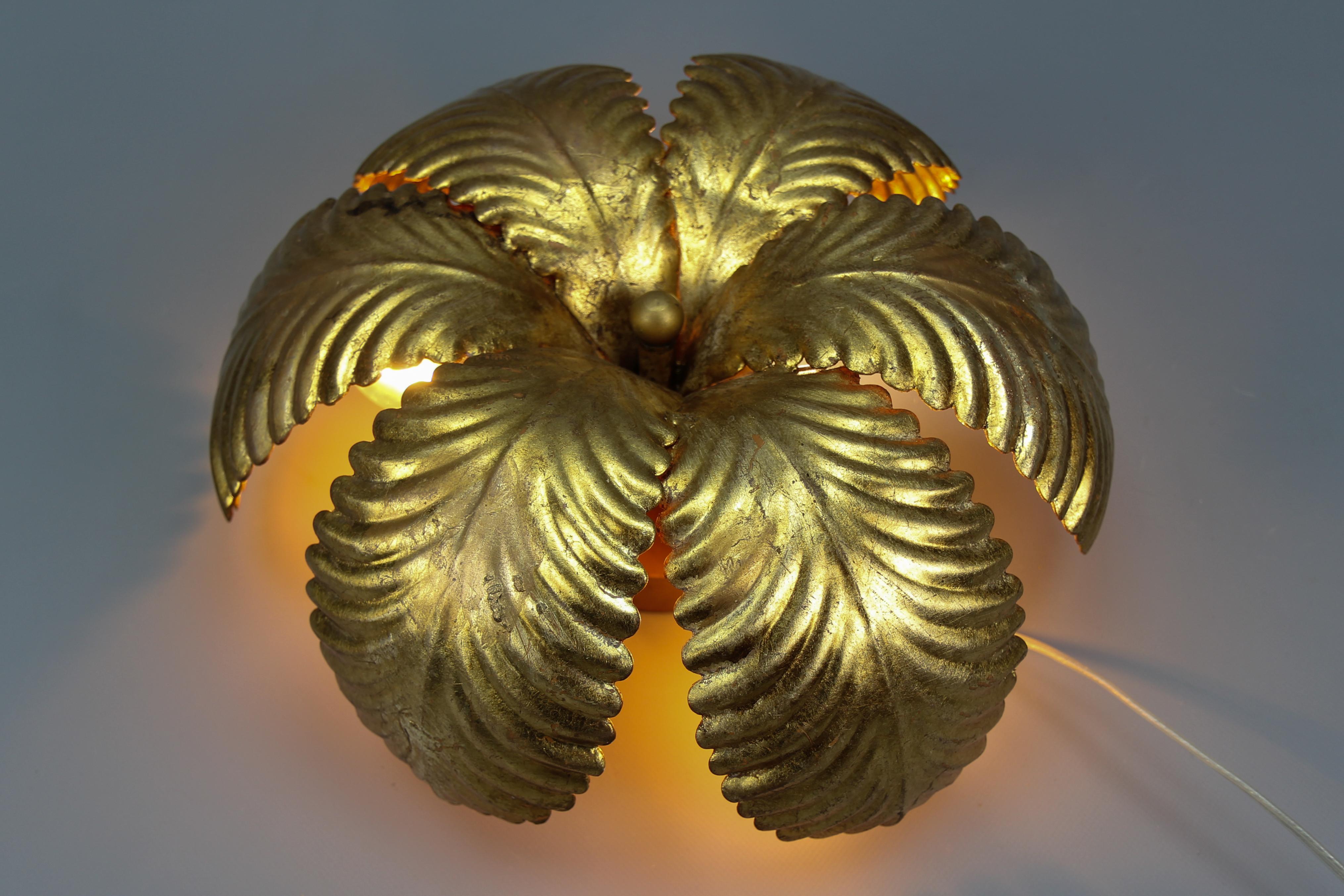 Metal Italian Golden Color Palm Leaf Three-Light Flush Mount, 1970s