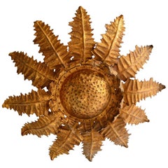 Italian Golden Floral Thistle Pendant Lamp in the Hollywood Regency Style, 1960s