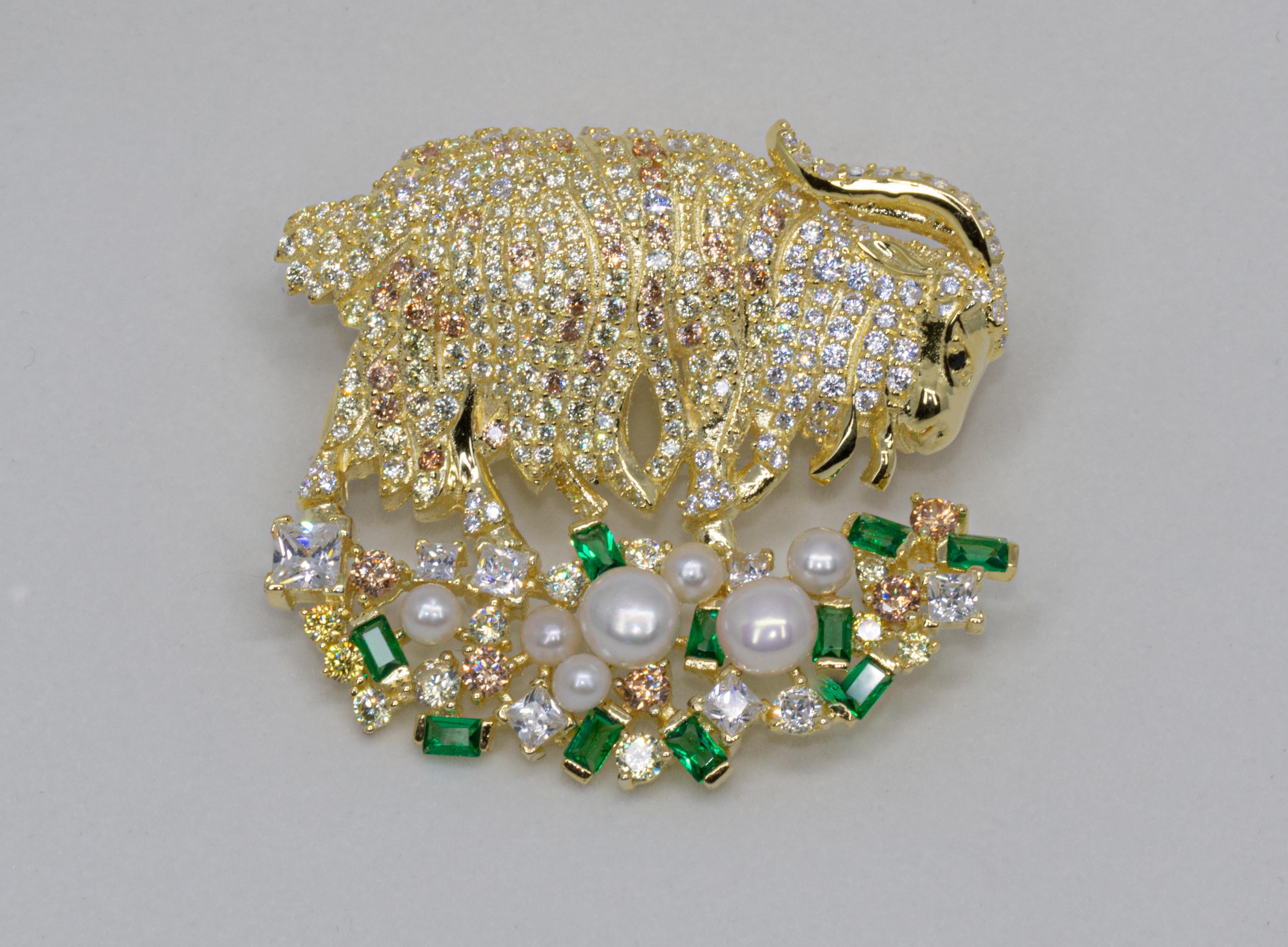 Italian Golden Goat Brooch With Pearls & CZ In Excellent Condition In Carlsbad, CA