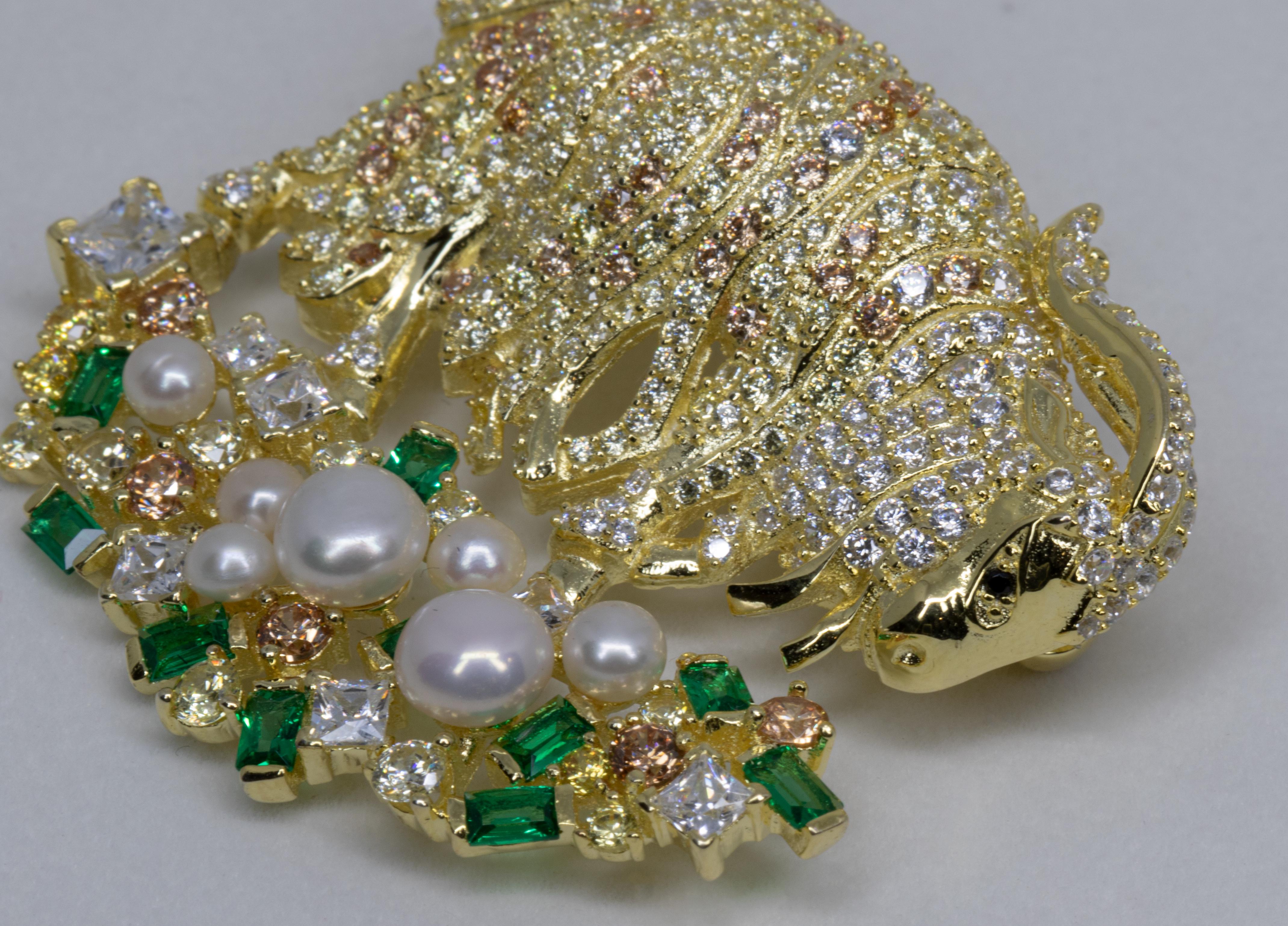 Women's or Men's Italian Golden Goat Brooch With Pearls & CZ