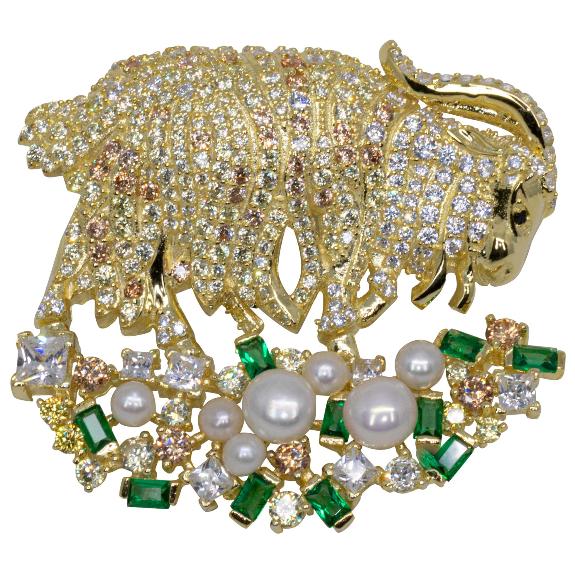Italian Golden Goat Brooch With Pearls & CZ
