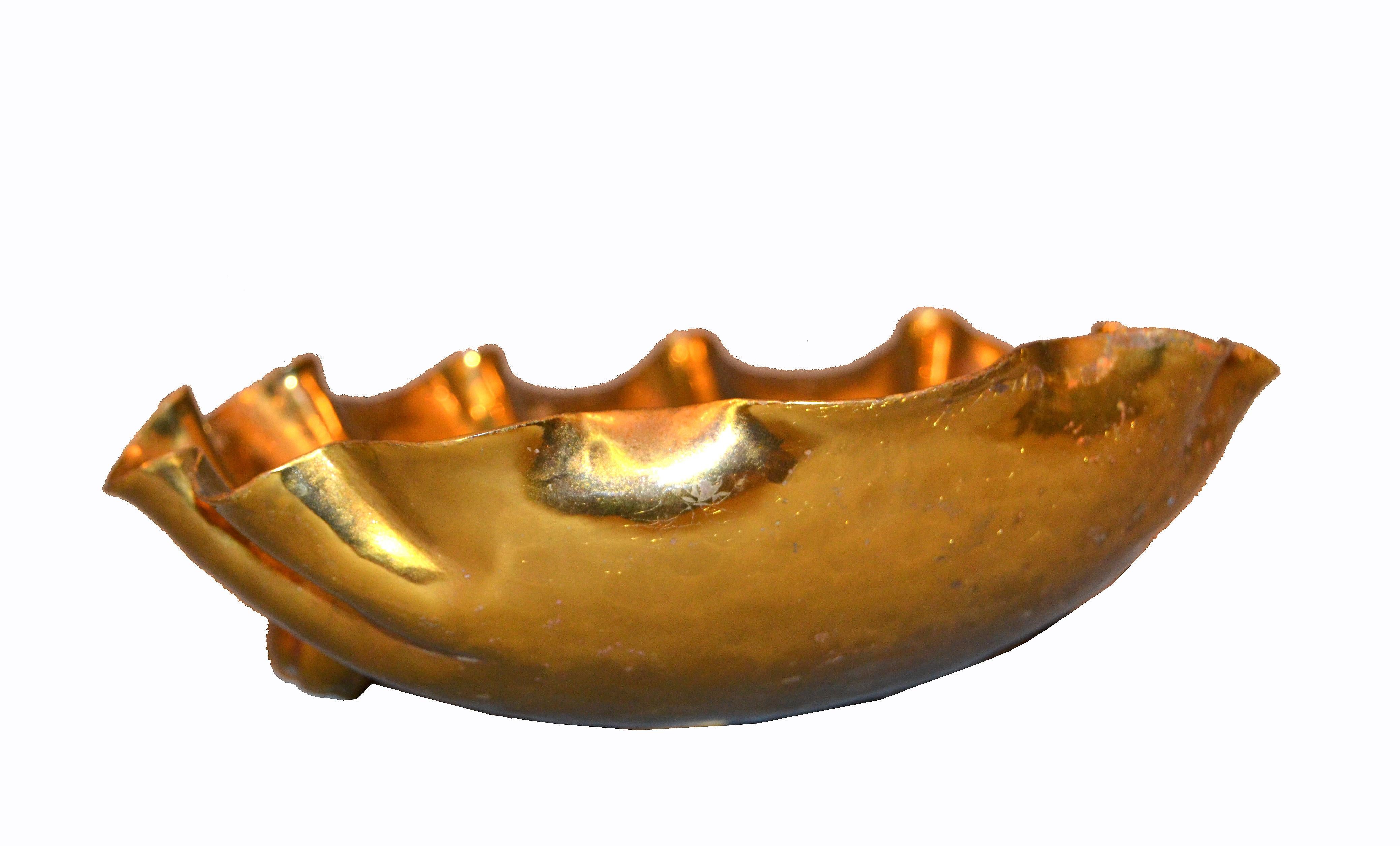 Italian Golden Hand-Hammered Bronze Clam Footed Bowl Key Dish Catchall Italy For Sale 5